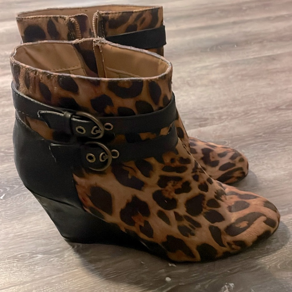 Leopard wedge booties slightly used